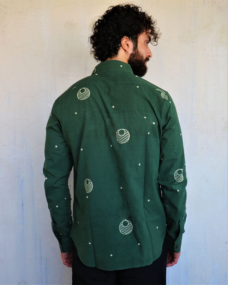 Emerald Green Crescent Moon Blockprinted Men'S Shirt