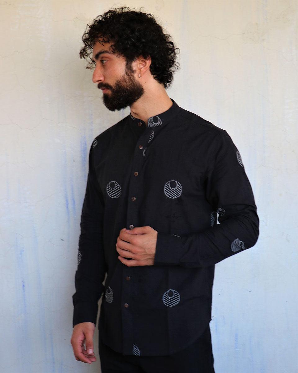 Black Lunar Blockprinted Men'S Shirt