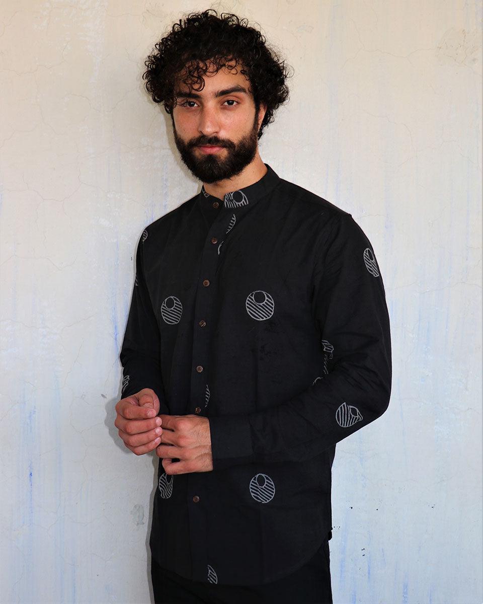 Black Lunar Blockprinted Men'S Shirt