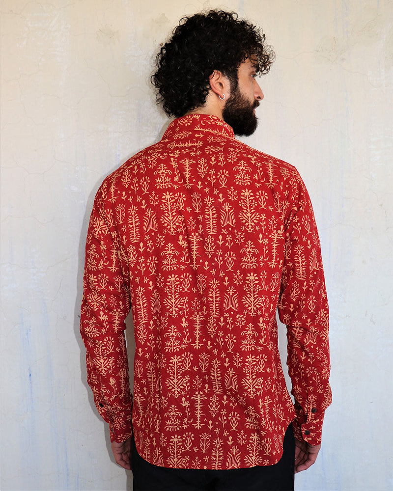 Brick Red Foliage Blockprinted Men'S Shirt