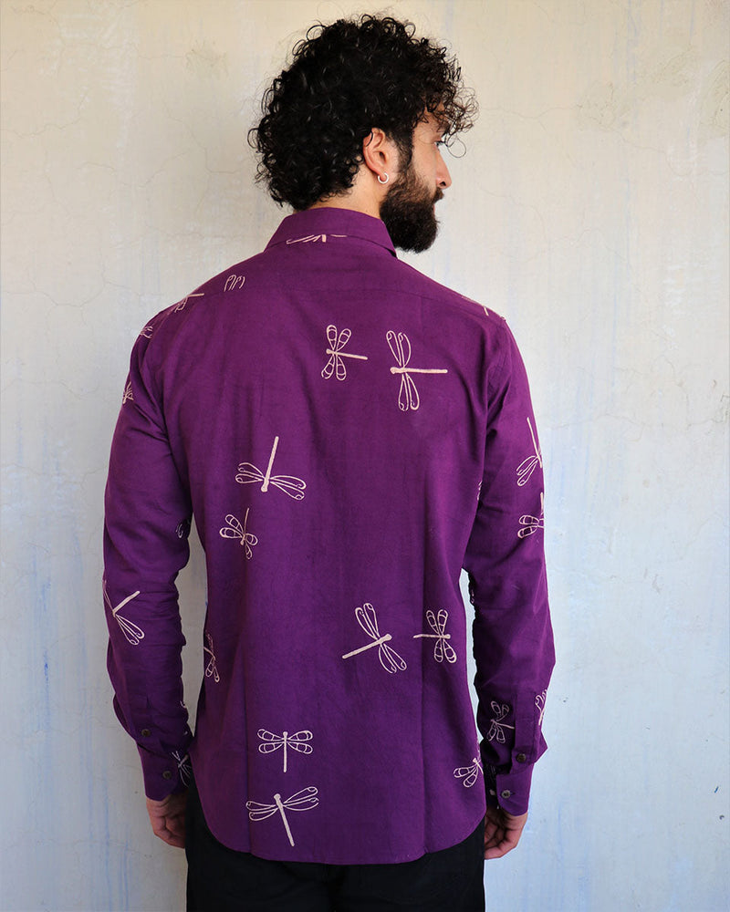 Aubergine Dragonfly Blockprinted Men'S Shirt