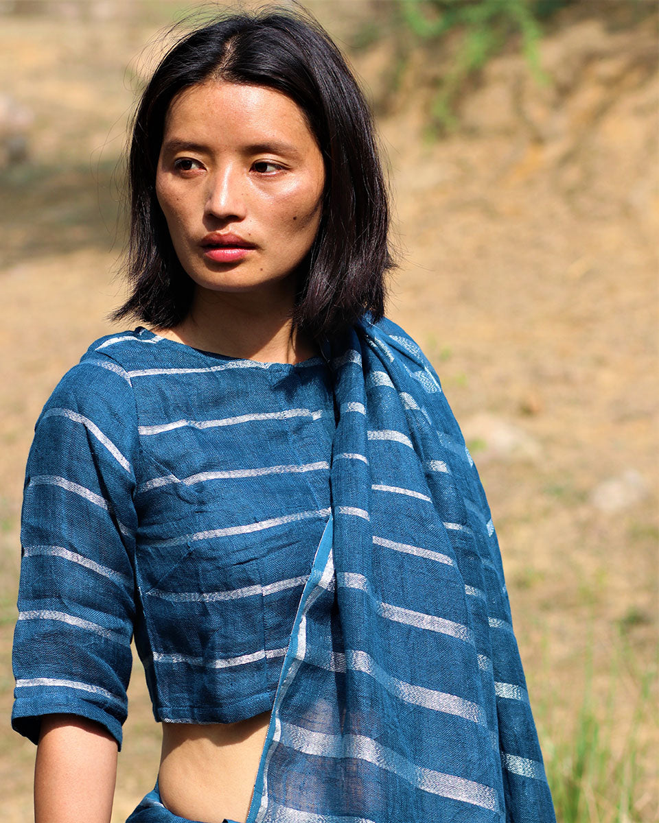 Blue A Line Handwoven Linen Zari Blouse