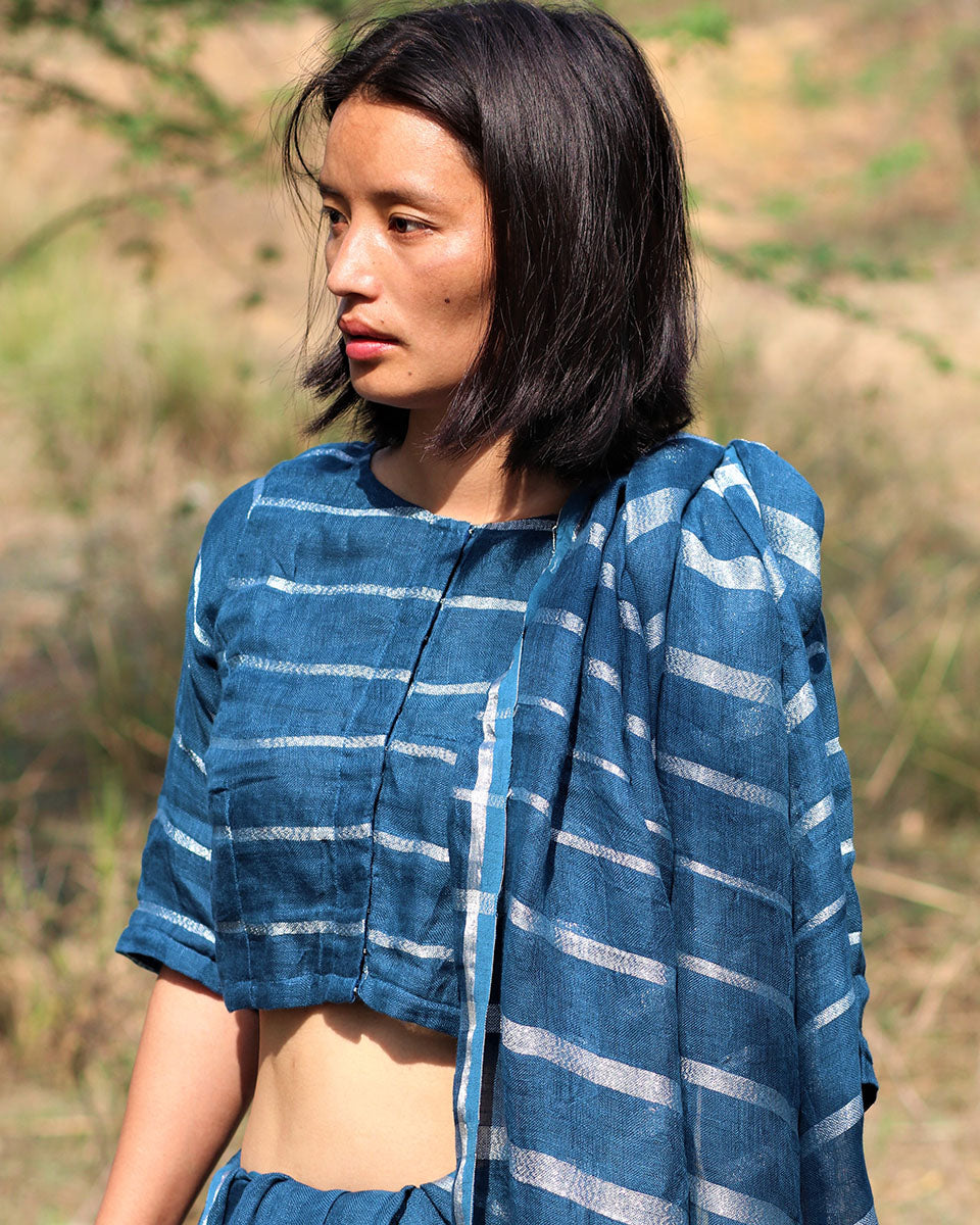 Blue A Line Handwoven Linen Zari Blouse