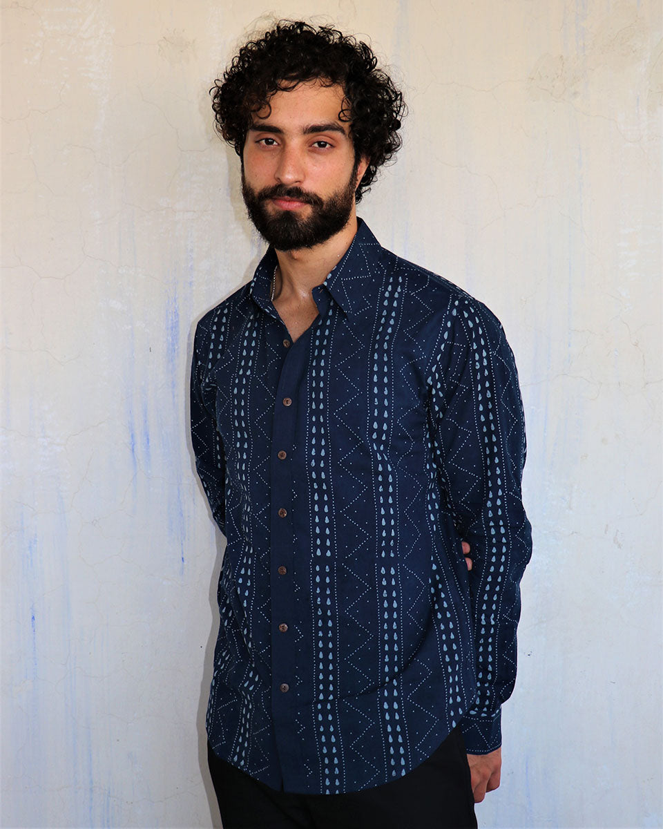 Navy Chevron Blockprinted Men'S Shirt