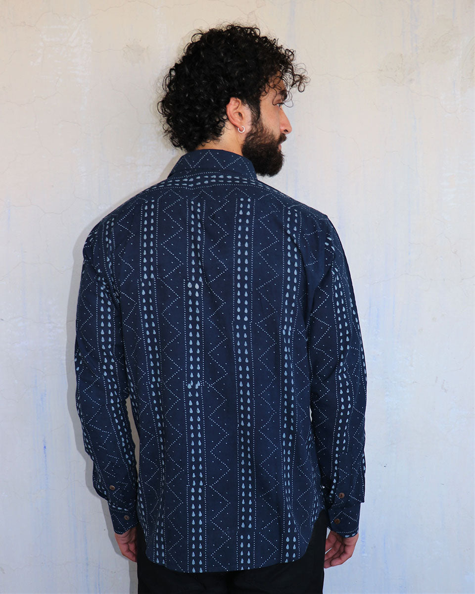 Navy Chevron Blockprinted Men'S Shirt