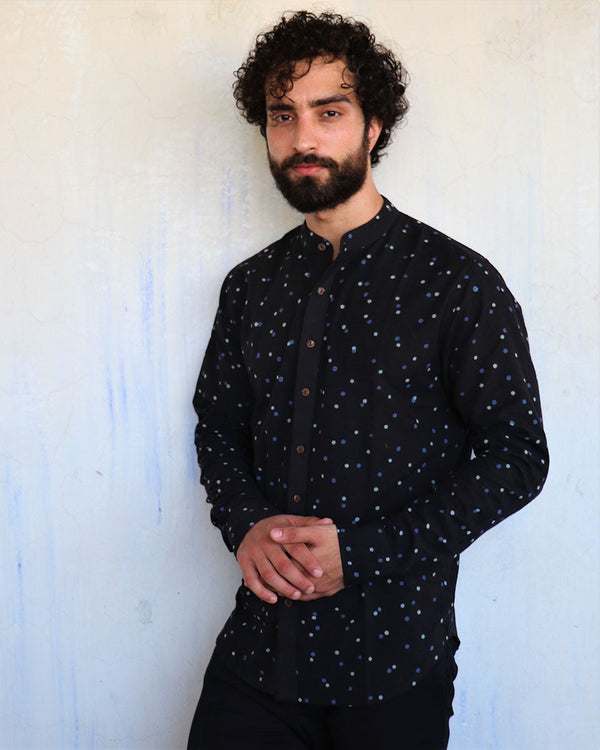 Black Polka Dots Blockprinted Men'S Shirt