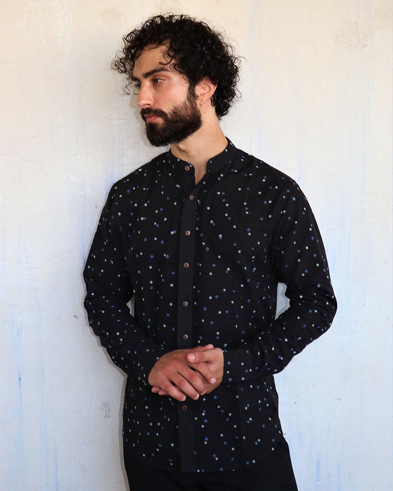 Black Polka Dots Blockprinted Men'S Shirt
