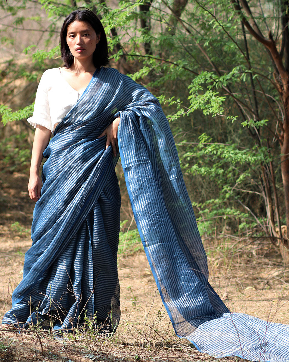 Silviane Handwoven And Hands-Spun Linen Zari Saree
