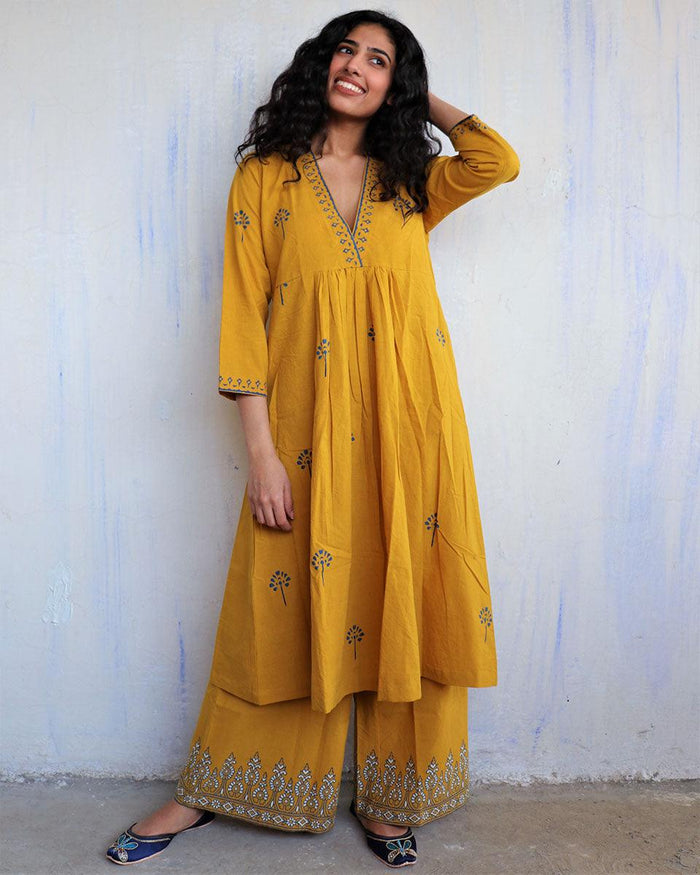 Women’s Mustard Yellow Cotton Printed Long Kurti | Straight Fit Ethnic Daily Wear Kurta for Women main image 0