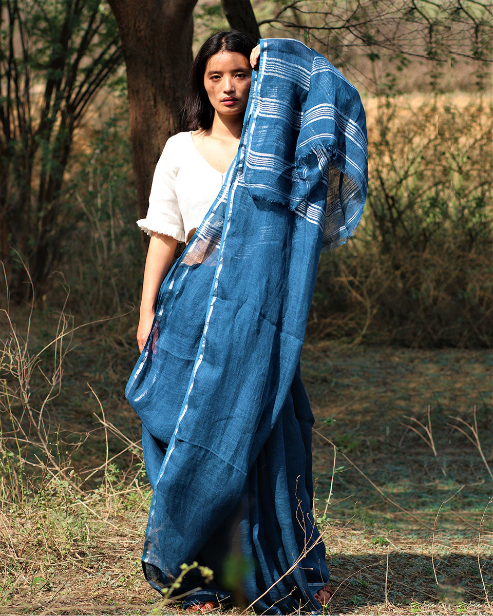 Nyala Handwoven And Hands-Spun Linen Zari Saree