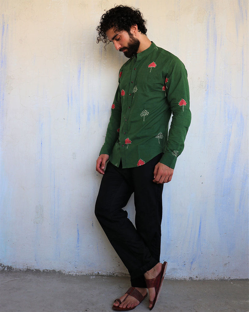 Emerald Green Lotus Motif Blockprinted Men'S Shirt