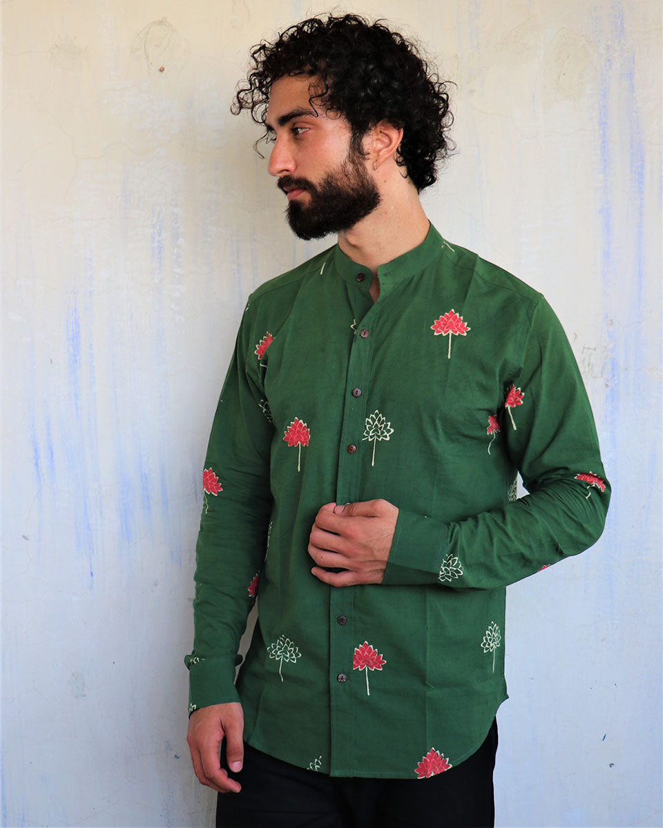Emerald Green Lotus Motif Blockprinted Men'S Shirt