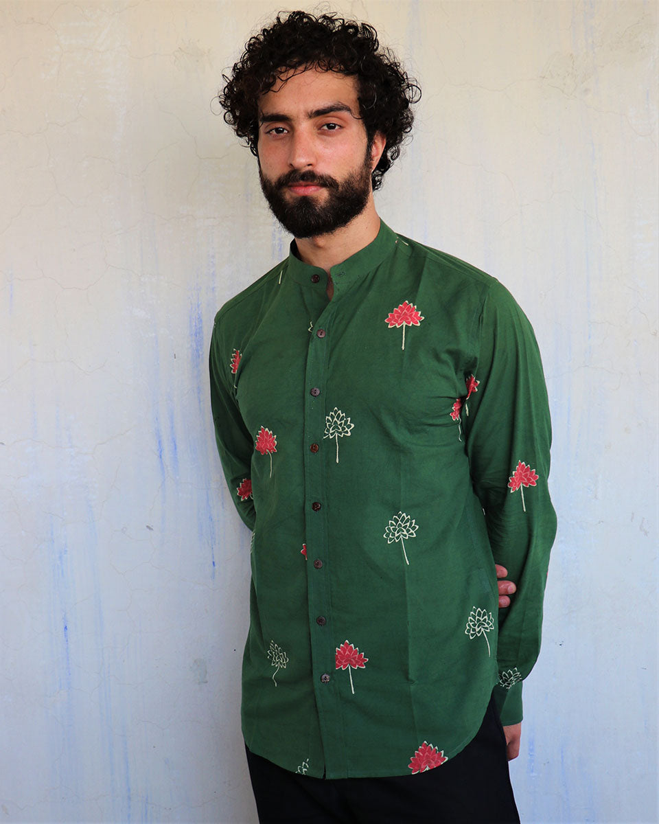Emerald Green Lotus Motif Blockprinted Men'S Shirt