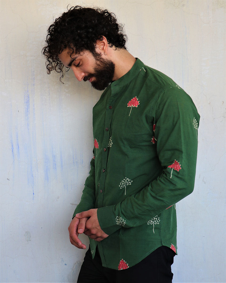 Emerald Green Lotus Motif Blockprinted Men'S Shirt