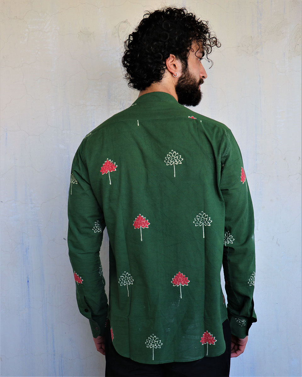 Emerald Green Lotus Motif Blockprinted Men'S Shirt