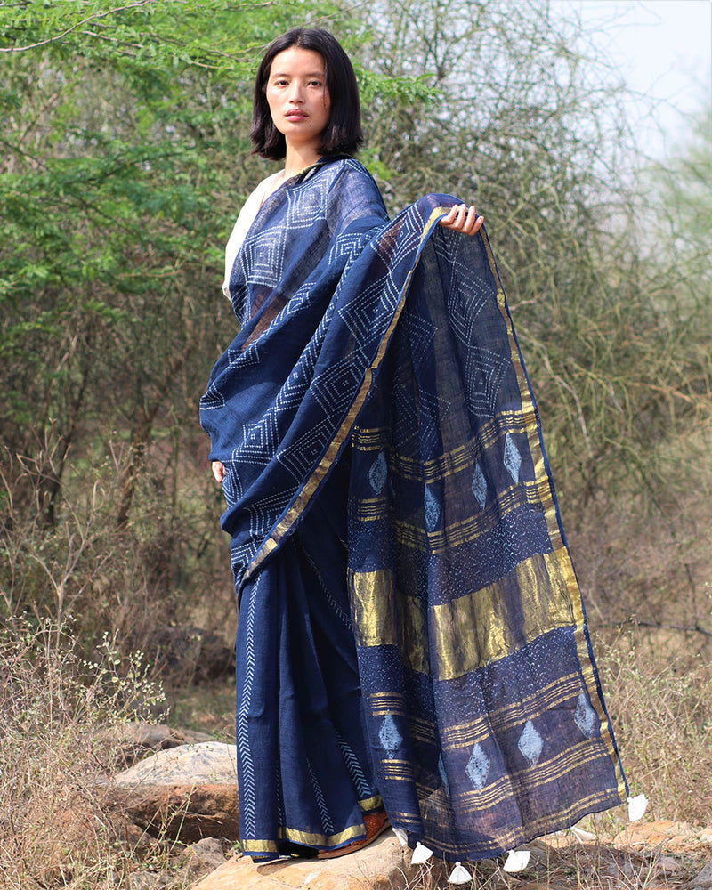 The Chess Game Handwoven Linen Saree