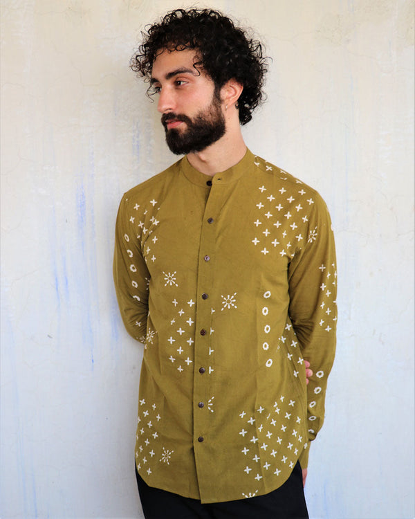 Olive Cosmos Blockprinted Men'S Shirt