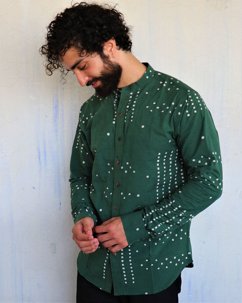 Deep Sea Green Dots Blockprinted Men'S Shirt