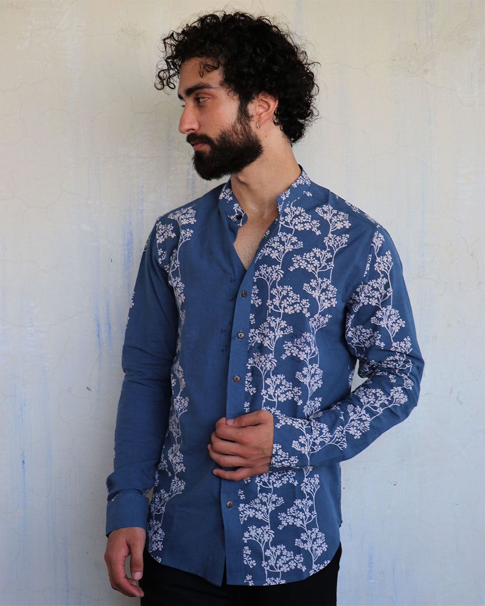 Blue Floral Blossom Blockprinted Men'S Shirt