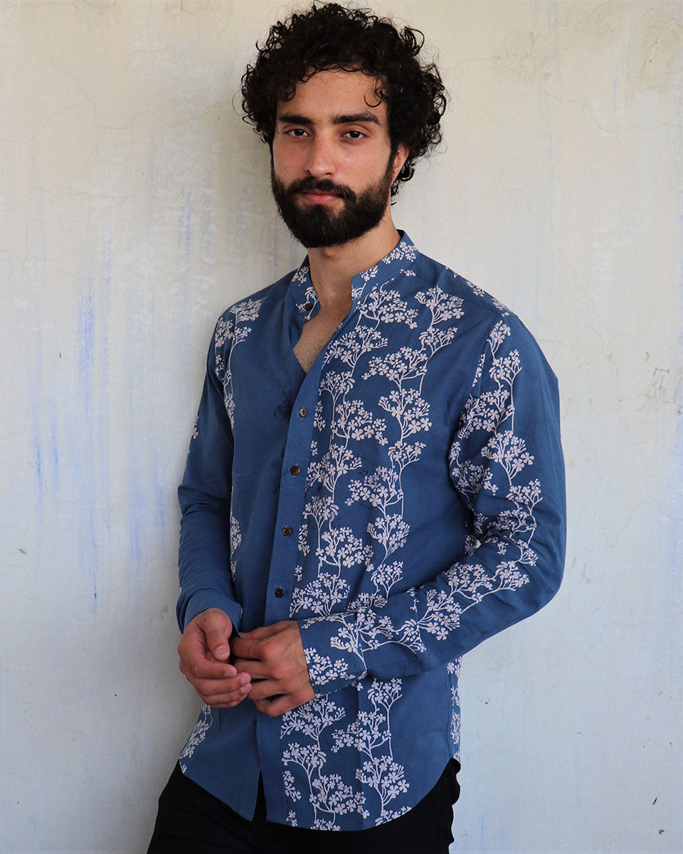 Blue Floral Blossom Blockprinted Men'S Shirt