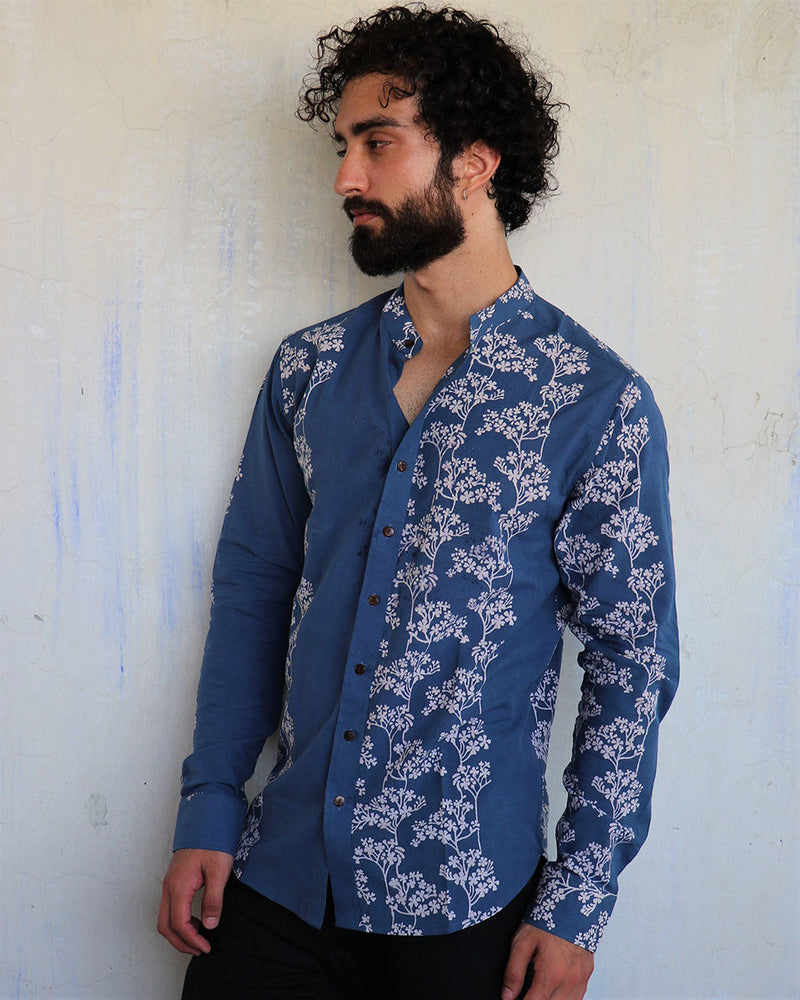 Blue Floral Blossom Blockprinted Men'S Shirt