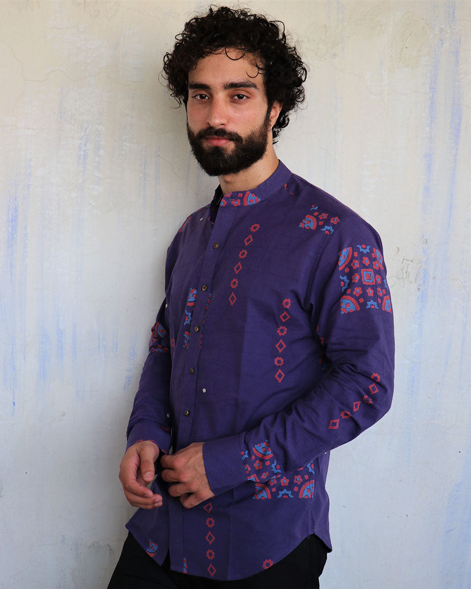 Purple Square Patch Blockprinted Men'S Shirt