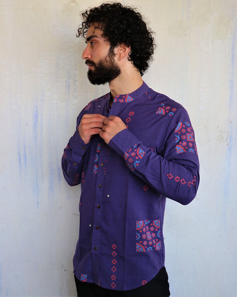 Purple Square Patch Blockprinted Men'S Shirt