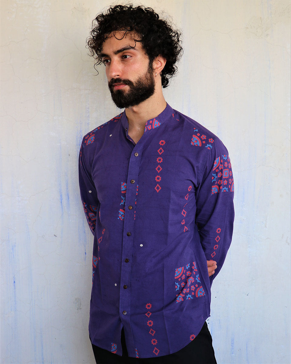 Purple Square Patch Blockprinted Men'S Shirt