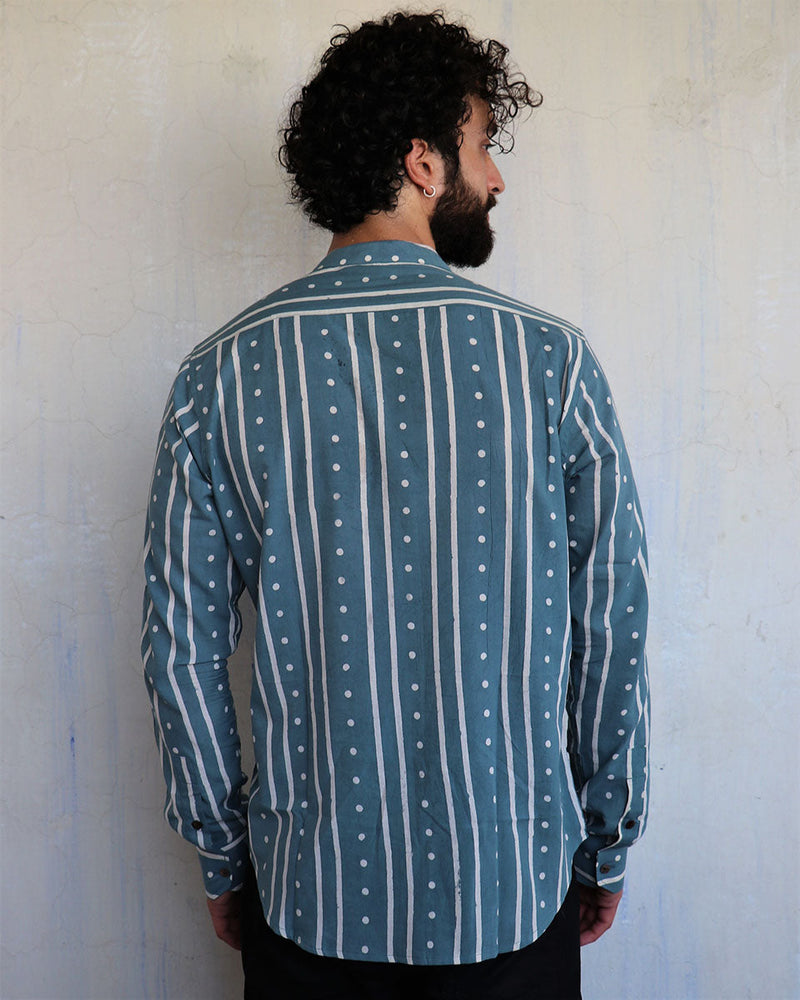 Teal Stripes & Dots Blockprinted Men'S Shirt
