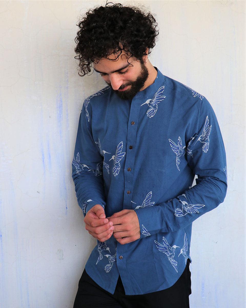 Blue Kingfisher Blockprinted Men'S Shirt