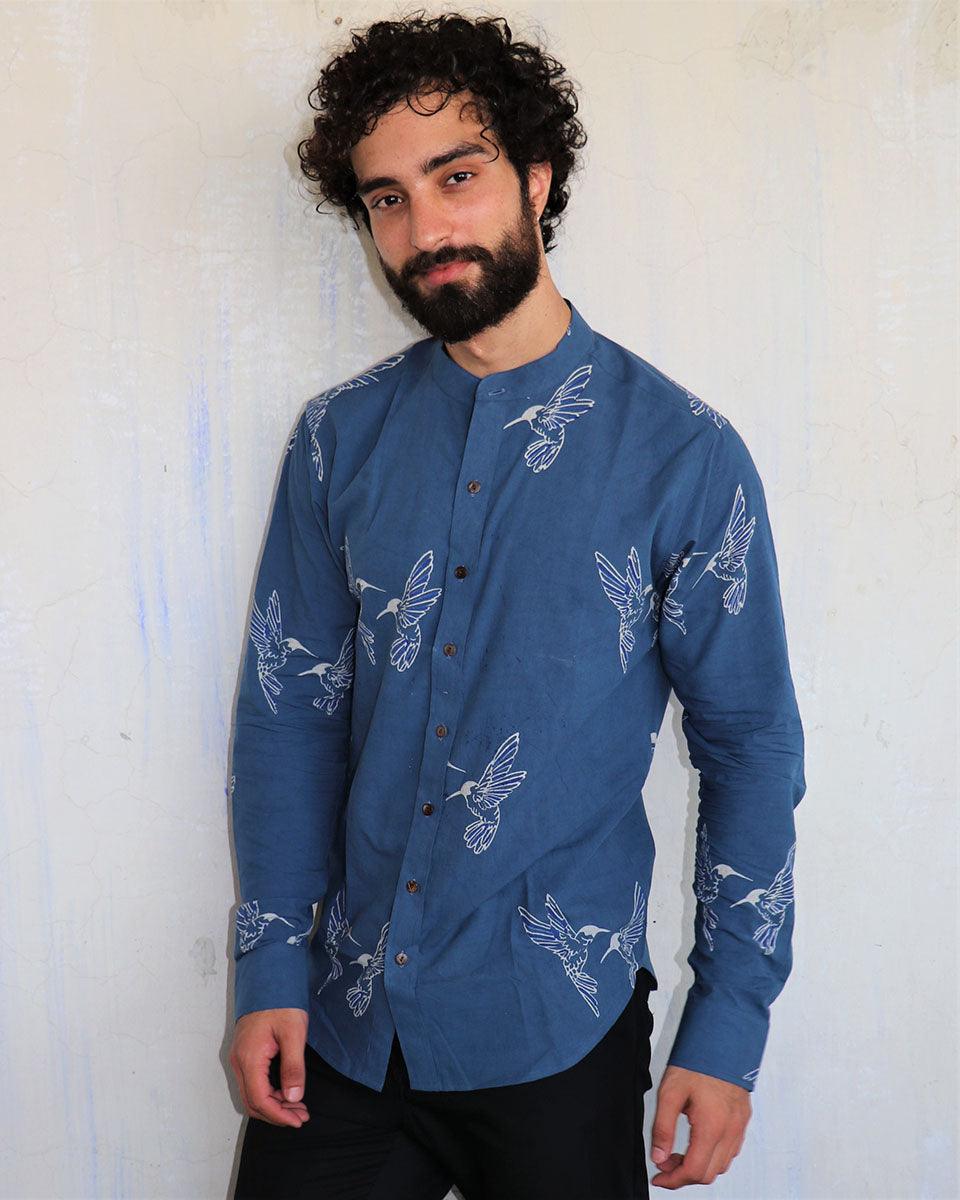 Blue Kingfisher Blockprinted Men'S Shirt