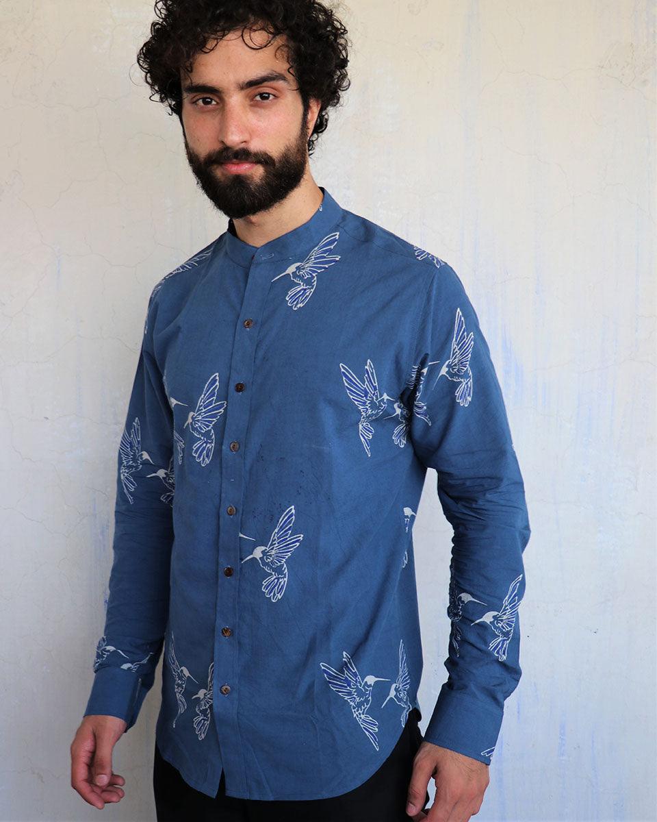 Blue Kingfisher Blockprinted Men'S Shirt