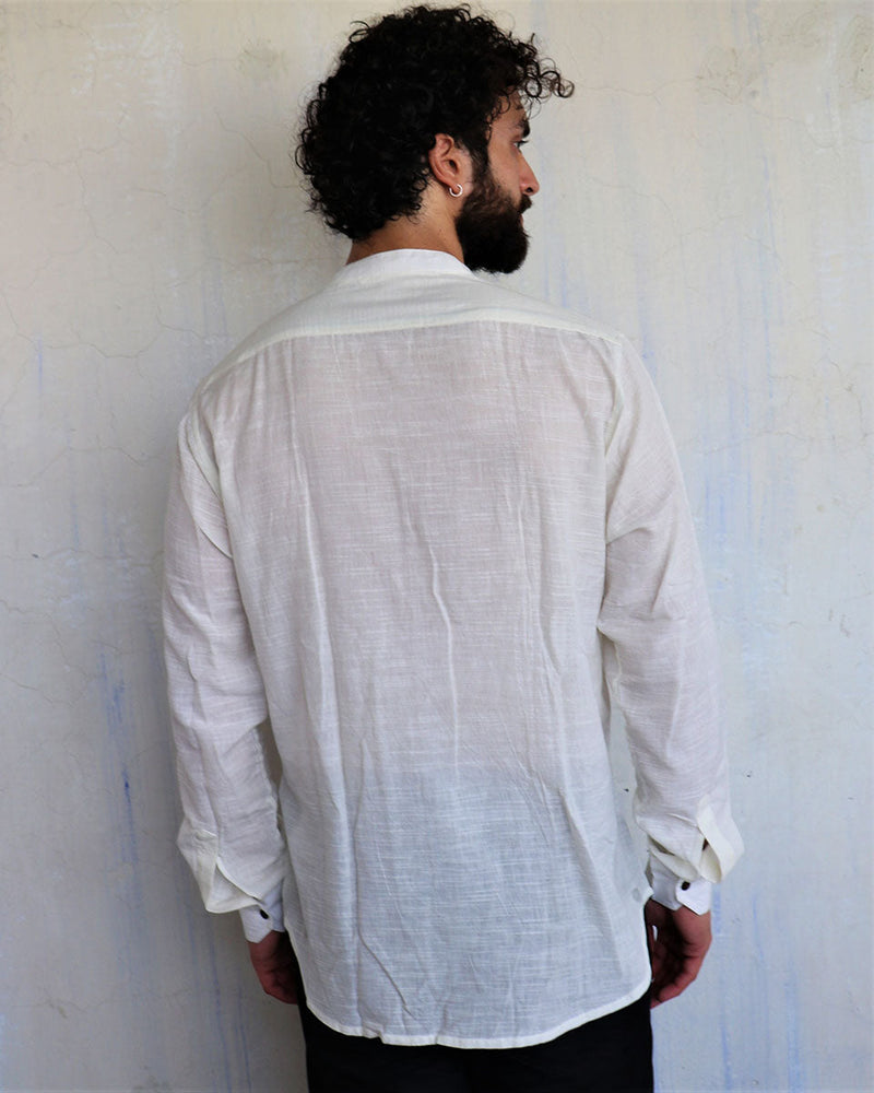 Handwoven Cotton White Mandarin Collar Men'S Shirt