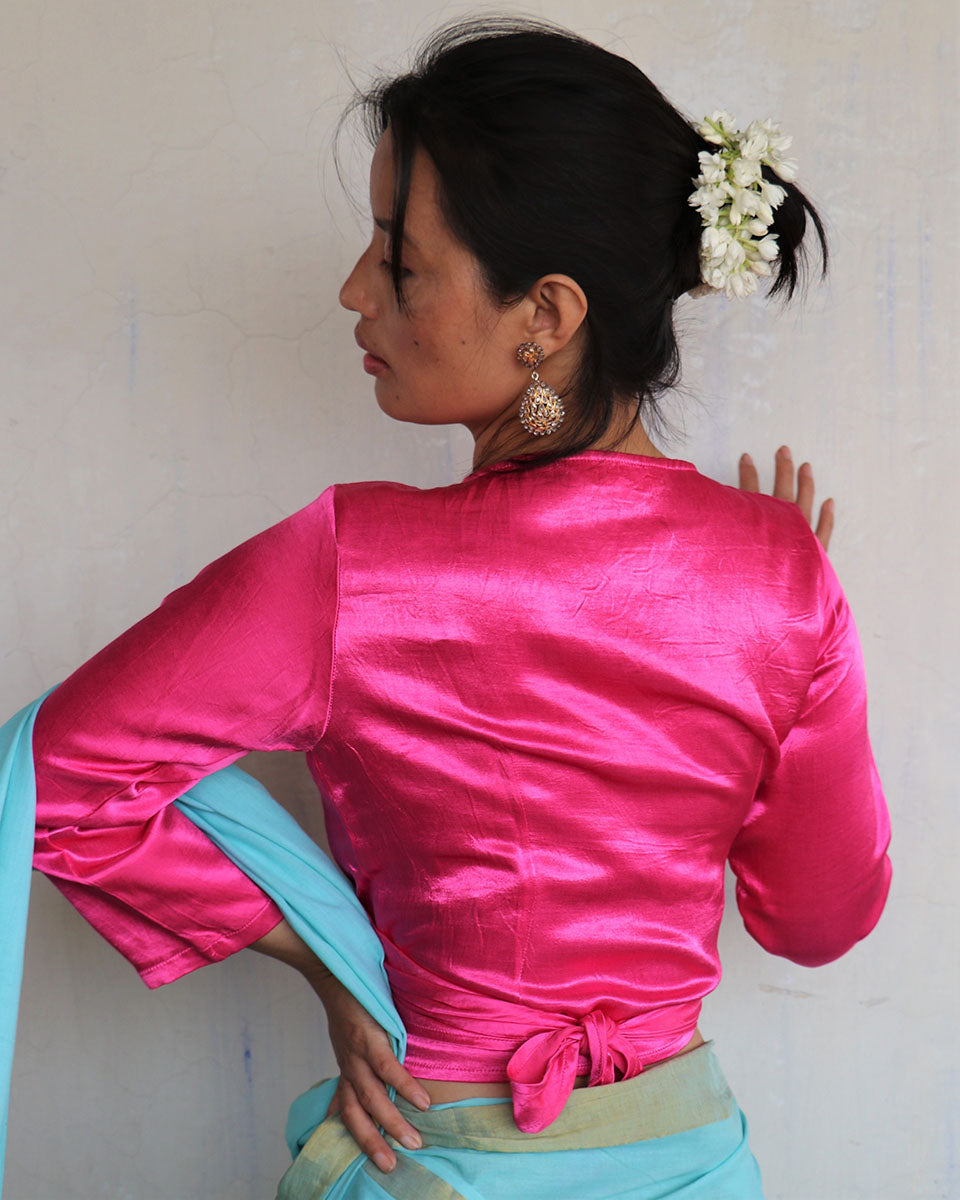 Pink Tie-Up Mashru Silk Blouse-Sahar