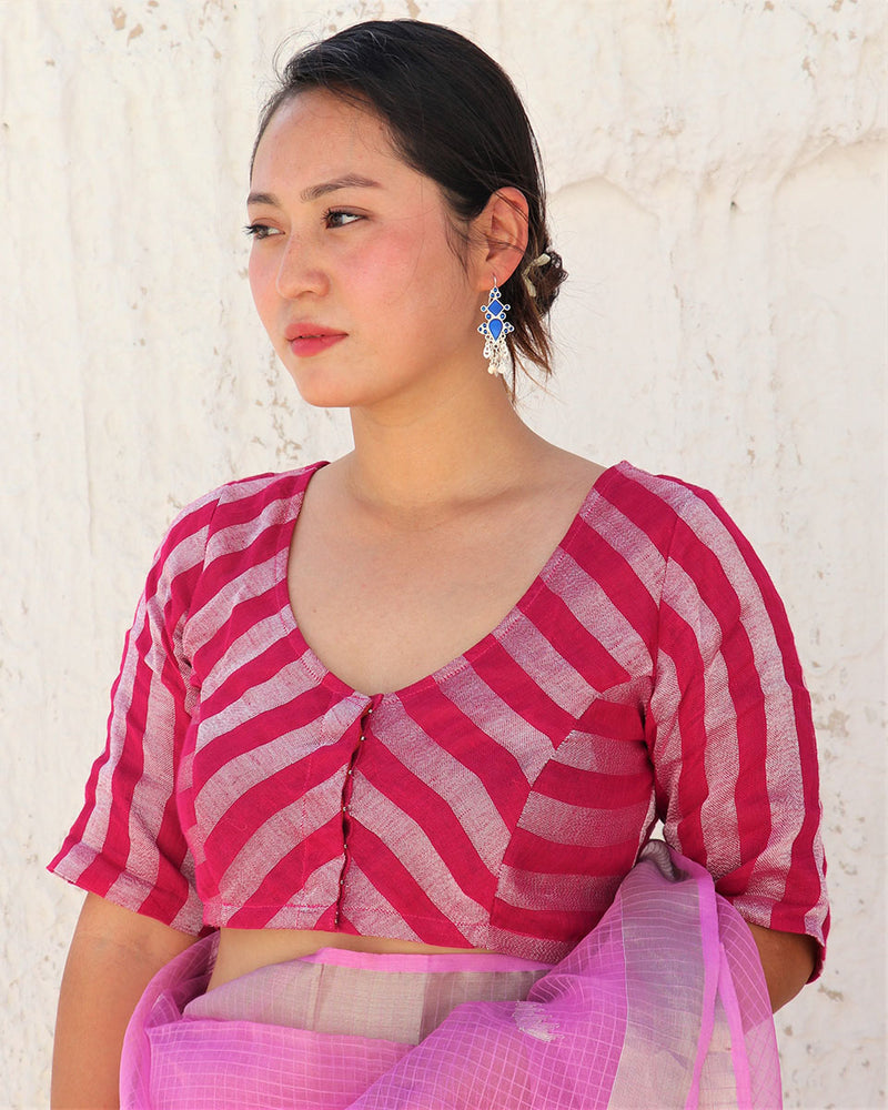 Pink Handwoven Linen Zari Blouse-Samah