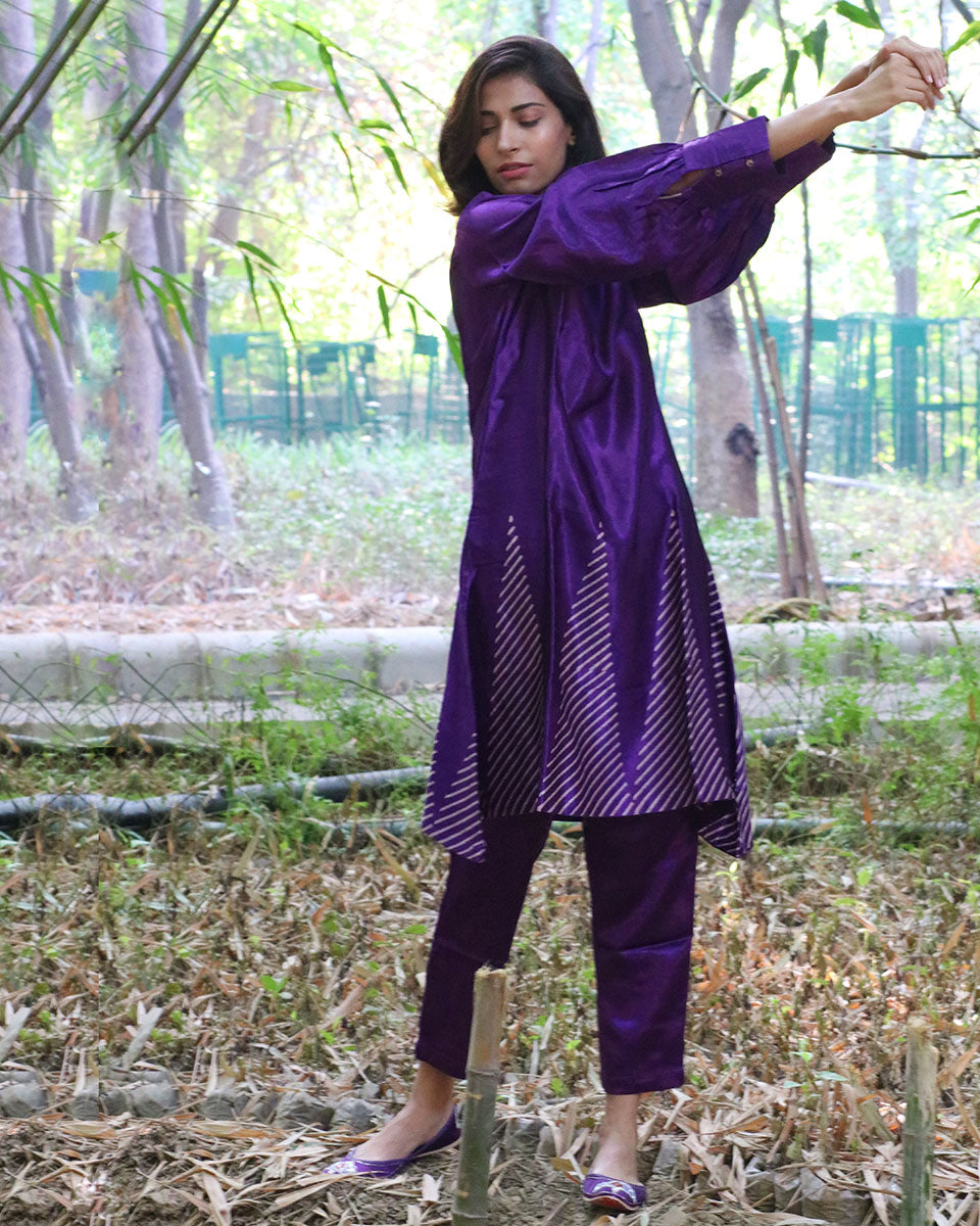 Mystic Purple Hand Blockprinted Mashru Silk Kurta -LD