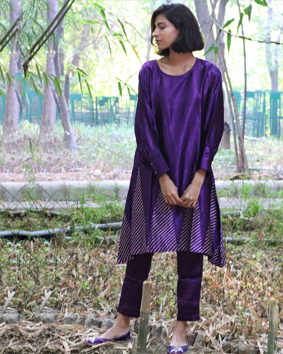 Mystic Purple Hand Blockprinted Mashru Silk Kurta -LD