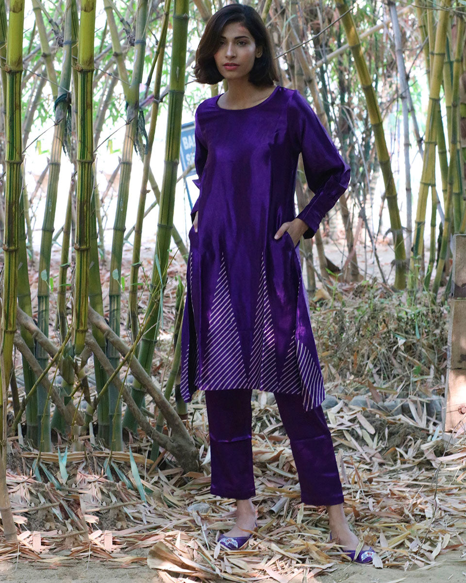 Mystic Purple Hand Blockprinted Mashru Silk Kurta -LD