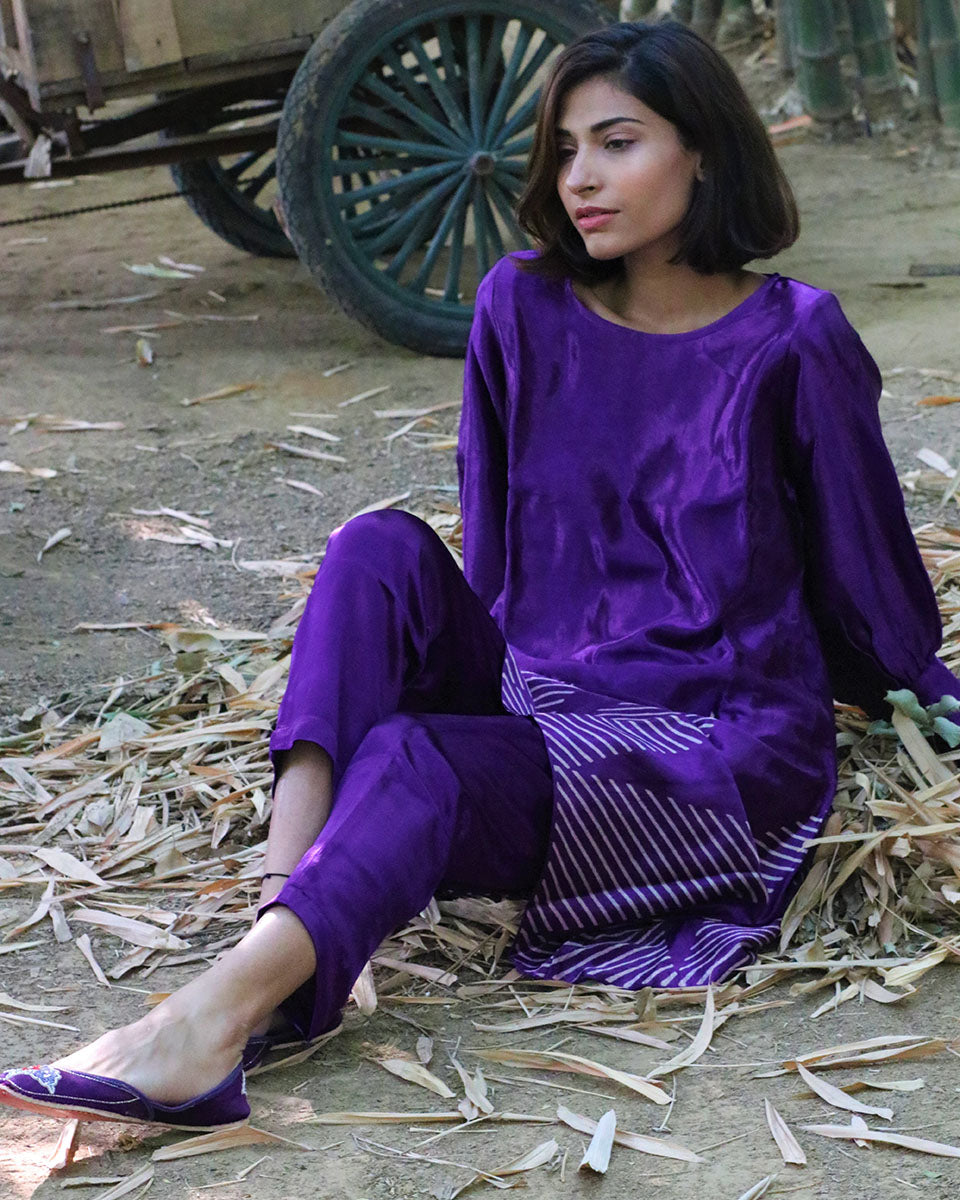 Mystic Purple Hand Blockprinted Mashru Silk Kurta -LD