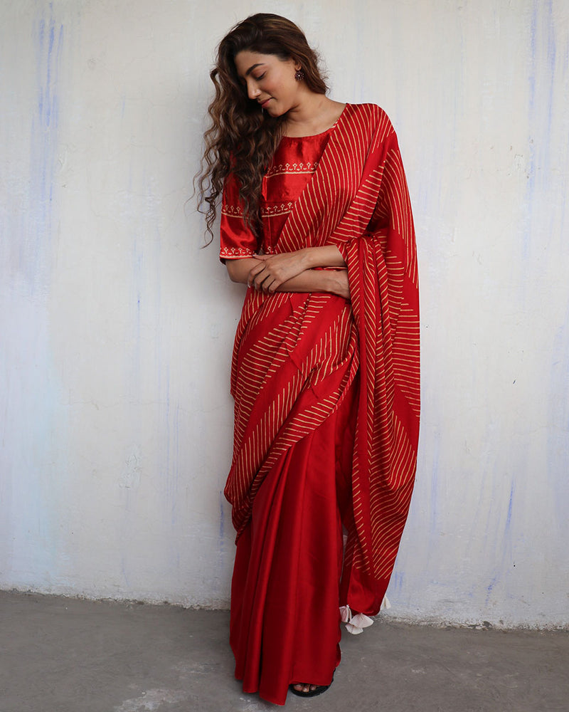 Red Modal Silk Blockprinted Saree - Kite
