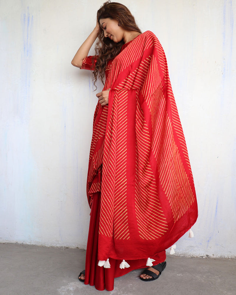 Red Modal Silk Blockprinted Saree - Kite