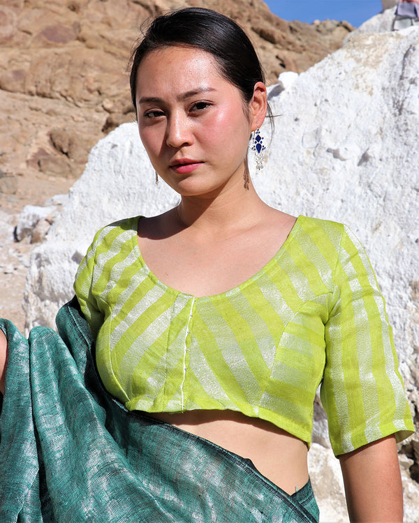 Parrot Green Handwoven Linen Zari Blouse-Samah
