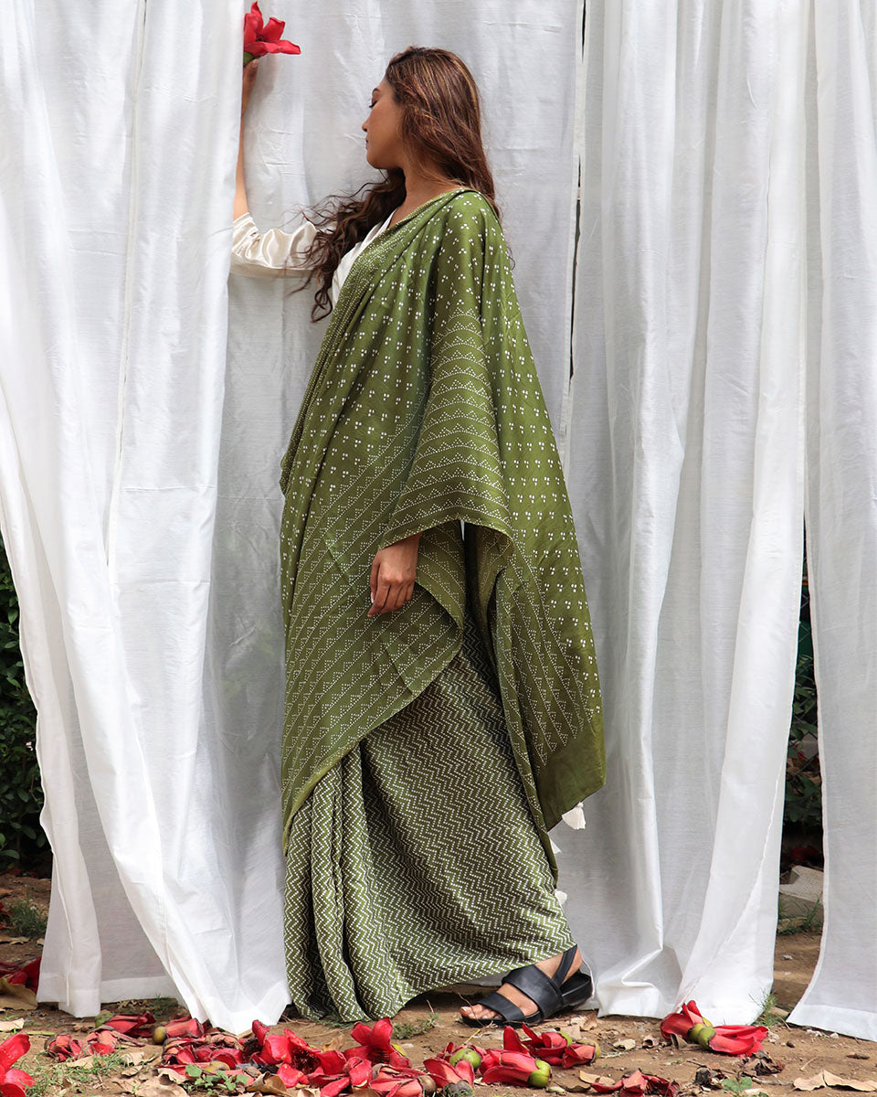 Green Modal Silk Blockprinted Saree - Kite