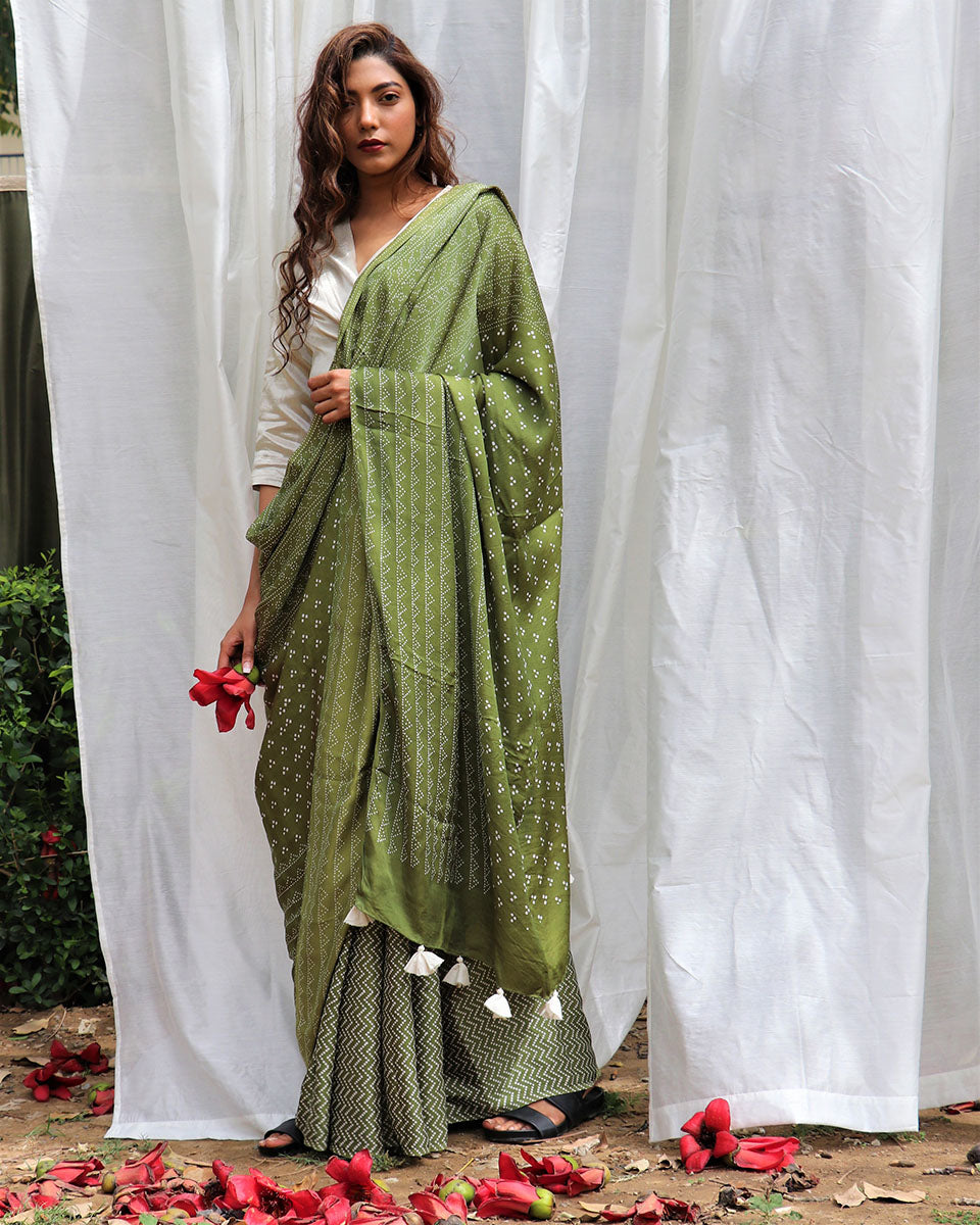 Green Modal Silk Blockprinted Saree - Kite