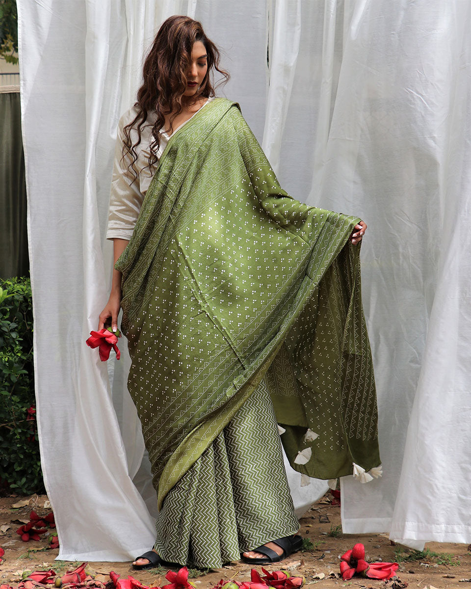 Green Modal Silk Blockprinted Saree - Kite