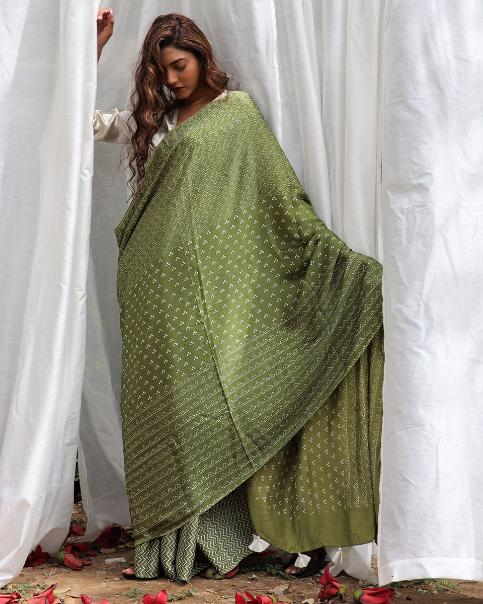 Green Modal Silk Blockprinted Saree - Kite