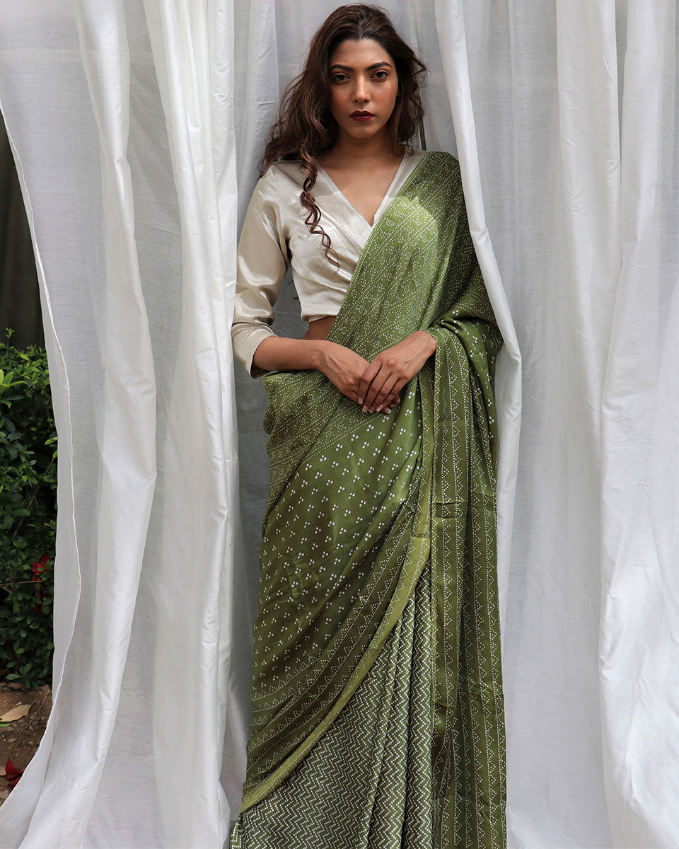 Green Modal Silk Blockprinted Saree - Kite