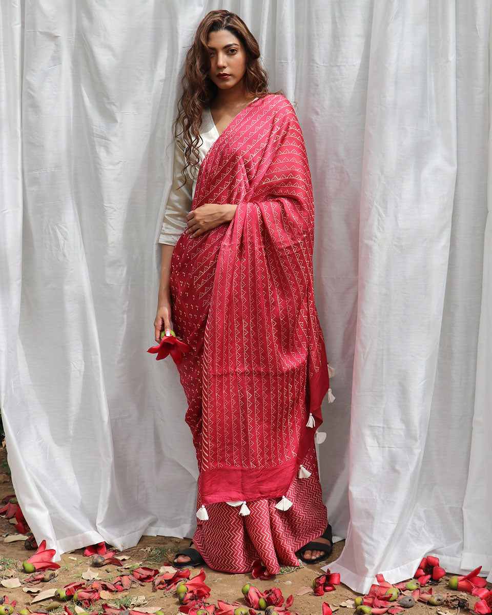 Carrot Pink Modal Silk Blockprinted Saree - Kite