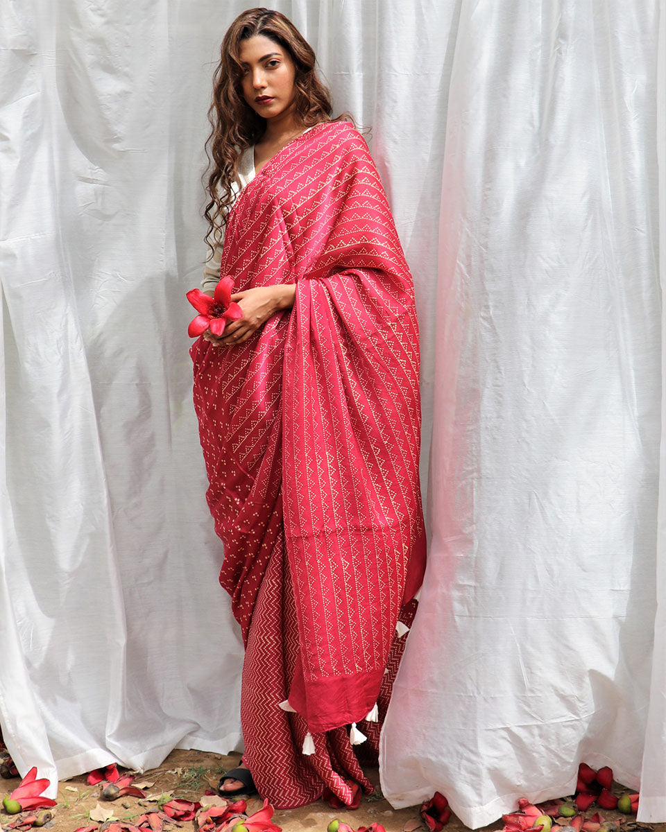 Carrot Pink Modal Silk Blockprinted Saree - Kite