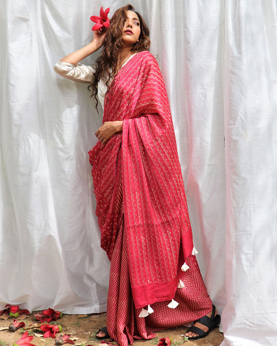 Carrot Pink Modal Silk Blockprinted Saree - Kite